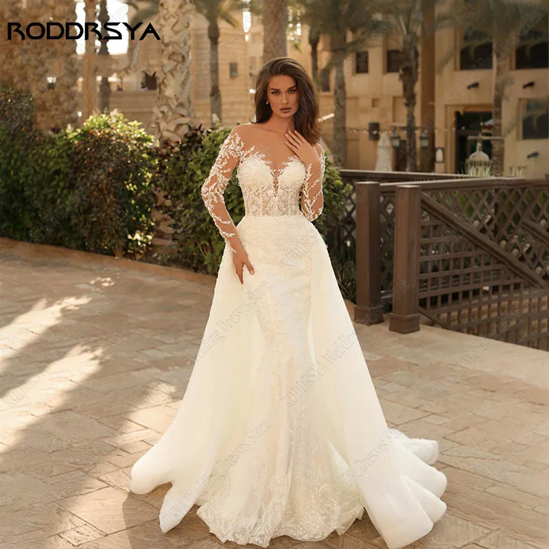 

RODDRSYA Scoop Neck Mermaid Wedding Dress With Detachable Tulle Train Long Sleeves Appliques Long Sleeves vestido noiva boho