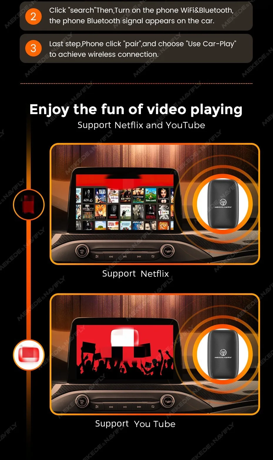 Android tragbares MEKEDE-Gerät mit integriertem YouTube und Netflix, kabelgebundener zu kabellosen CarPlay-Adapter, Autozubehör, beibehält die Originalbestellungen bei sich. – Detail 8