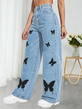 2023 Fall Trousers High Waist Butterfly Print Y2K Jeans For Women Fashion Loose Denim Straight Leg Pants Casual Clothing XS-L 1