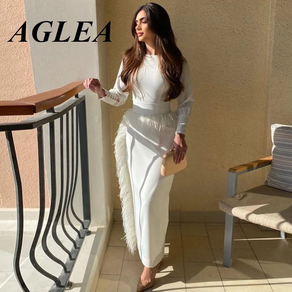 

AGLEA Feather 2024 Women O-neck Evening Dresses Long Sleeves Prom Dress Ankle Length Wedding Party Formal Elegant Chic dresses