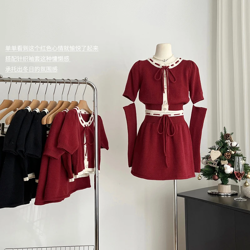 

Комплект из двух предметов, пуловер, осень/зима, вязаный свитер, чистый Desire, короткий свитер, сексуальная острая юбка с запахом для девушек, женский свитер