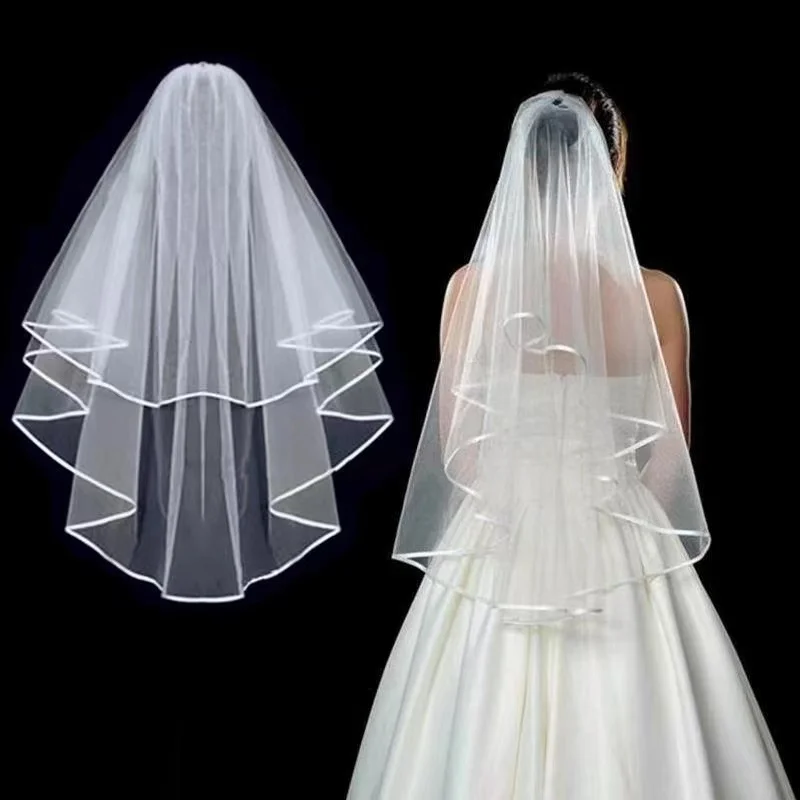 

White Two Layer Tulle Cropped Wedding Veil Ribbon Edge Bridal Veil Wedding Accessories