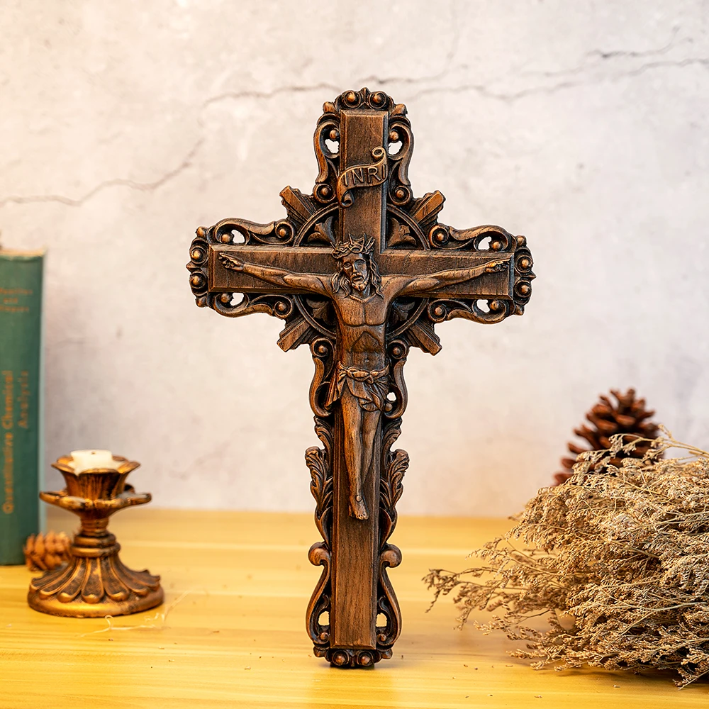 

Jesus Christ crucified, wooden cross with baptismal statue, catholic cross, wall cross, religious saint image