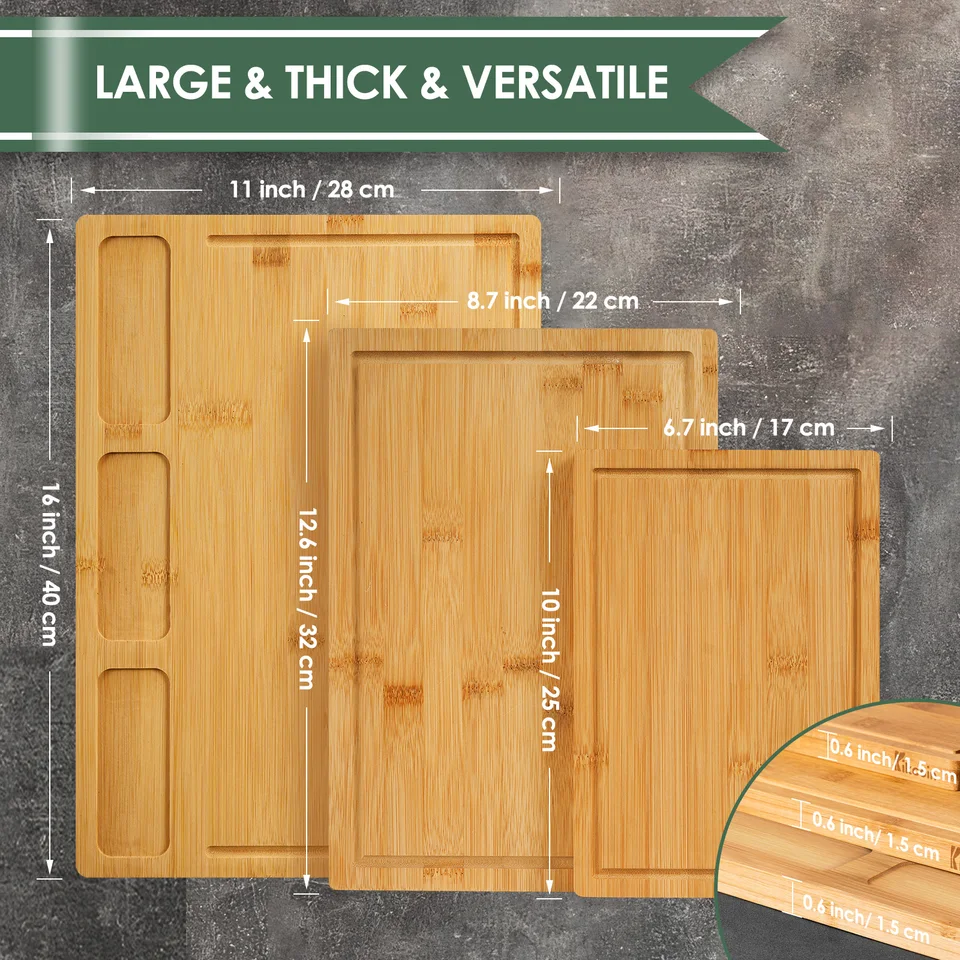 Bamboo Cutting Board Set with Compartments and Juice Groove