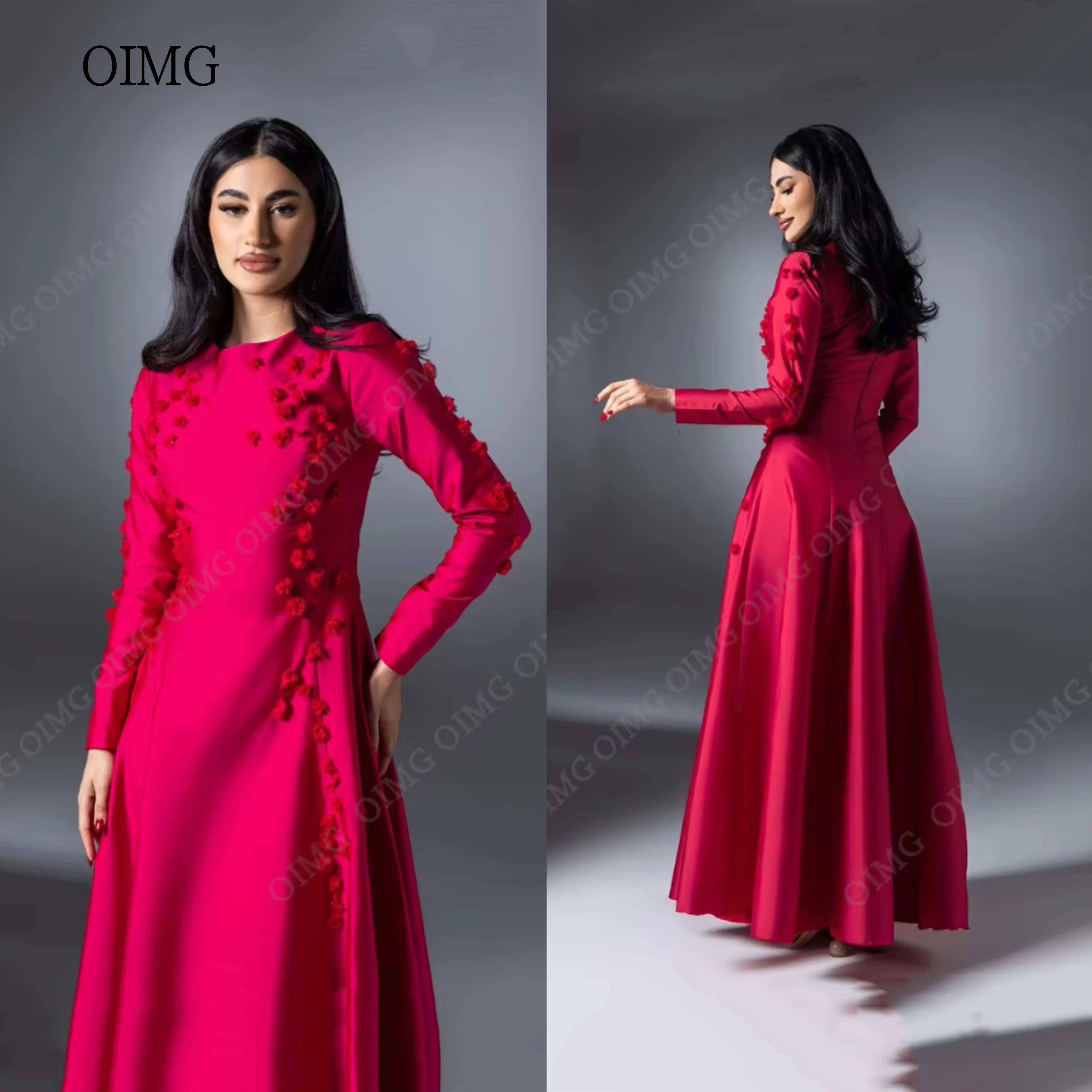OIMG Fuchsia Flowers A Line Dubai A-Line Evening Dress Full Sleeves Saudi Arabic Formal Party Gown Vestidos Dresses Customized party dress