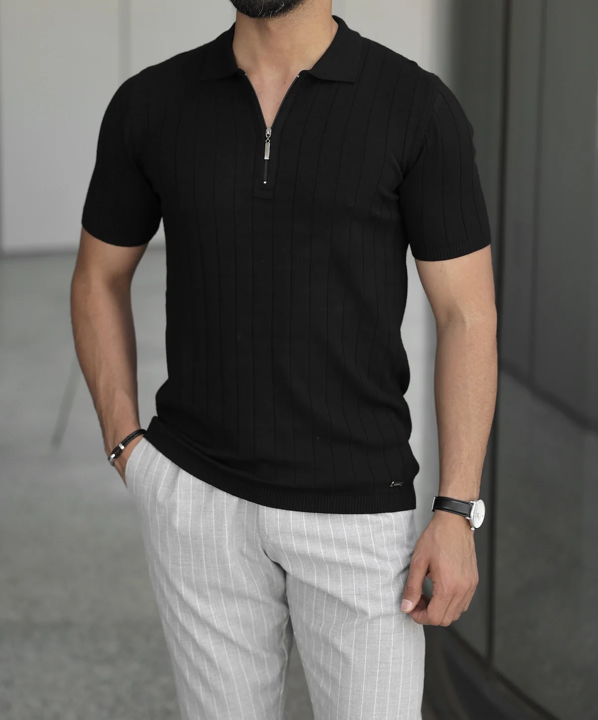 

Hateko Men Viscose Knit Quarter Zip Polo Shirt