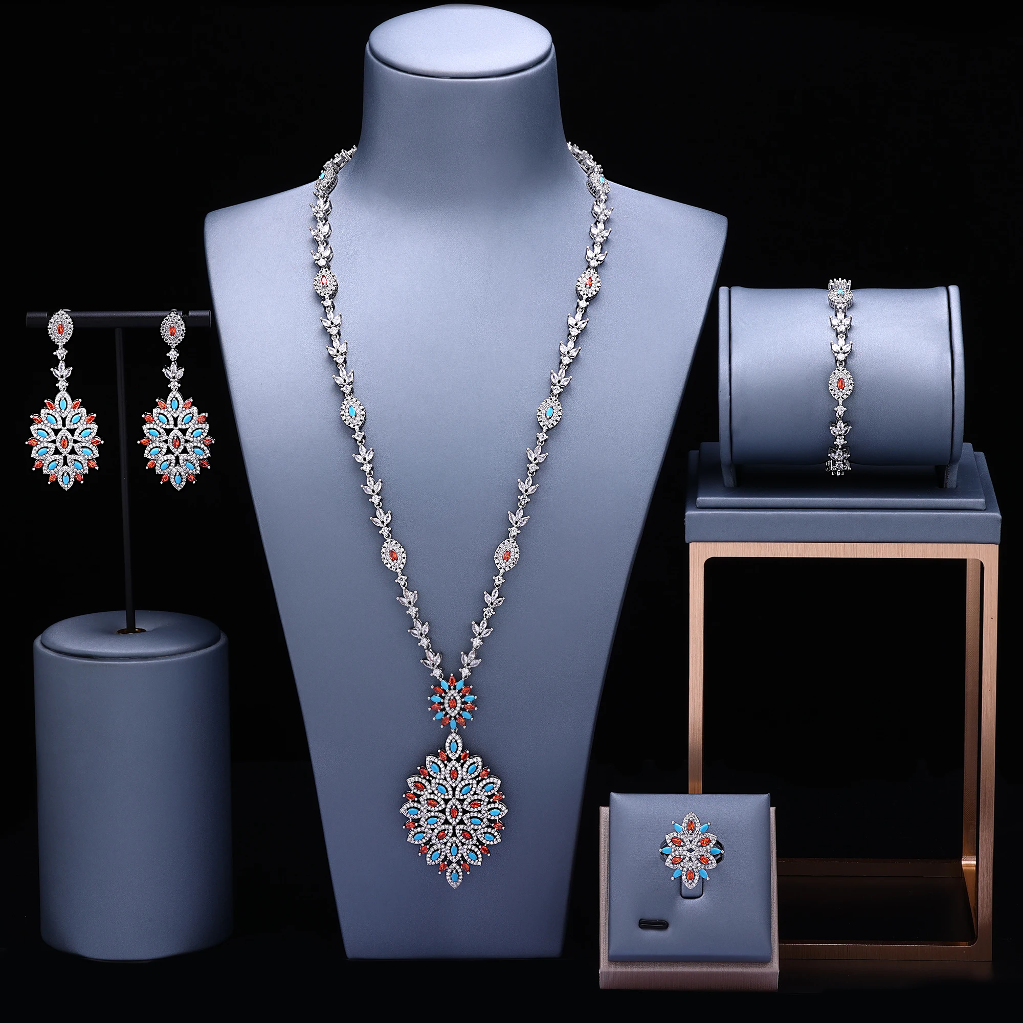 

Famous Brand Turquoise Luxury African Jewelry Sets For Women Wedding Party Zircon Crystal Dubai Bridal Jewelry Set