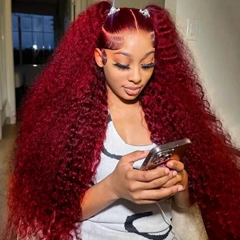 Wholesale Burgundy 30-40 Inch 99J Deep Wave 13x4 Lace Front 13x6 Red Curly Wigs Women High Density Long Length Human Hair Wig 1