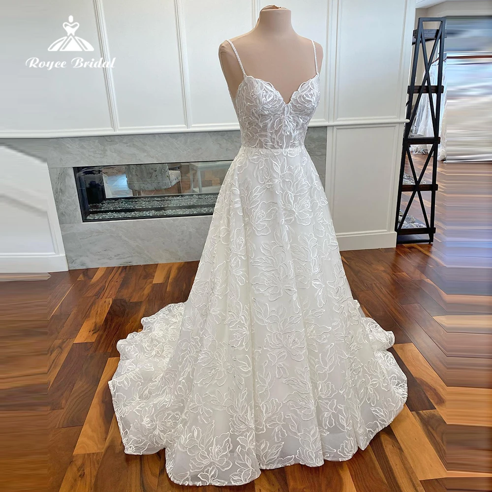 Luxury Spaghetti Straps Lace A Line Wedding Dresses For Women 2023 Boho V Neck Backless Bridal
