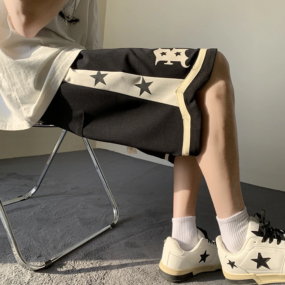 American Denim Shorts Men's High Street Hiphop Casual Five-point Pants Straight Y2K Five-pointed Star Graffiti Retro Shorts