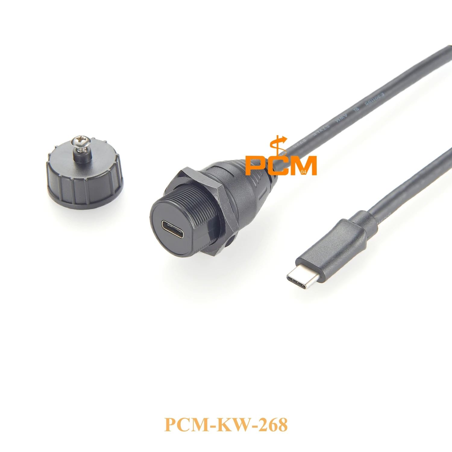 IP67 USB3.1 Type-C round panel mount cable with waterproof cap, Waterproof USB-C extension cable, front lock for chassis mount