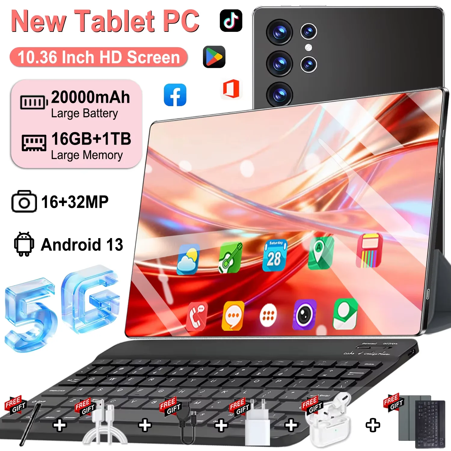 2026 5G 10.36Inch Tablet Android 16GB RAM 1TB ROM 16MP 32MP Android 13.0 20000mAh 14core Dual SIM Bluetooth WiFi GPS