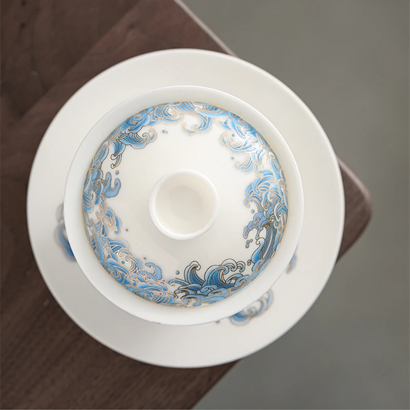 Suet jade crane Chinese ceramic gaiwan tea tureen cloud teaware cup Chinese fish tea bowls vintage chawan ceramony set