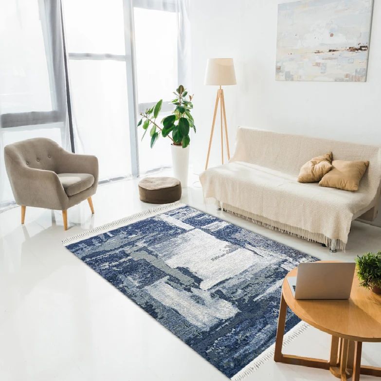 

Ethnic Abstract Patterned Modern Decor Printed Carpet Dried Blue & Gray color Bedroom and home decoration gift