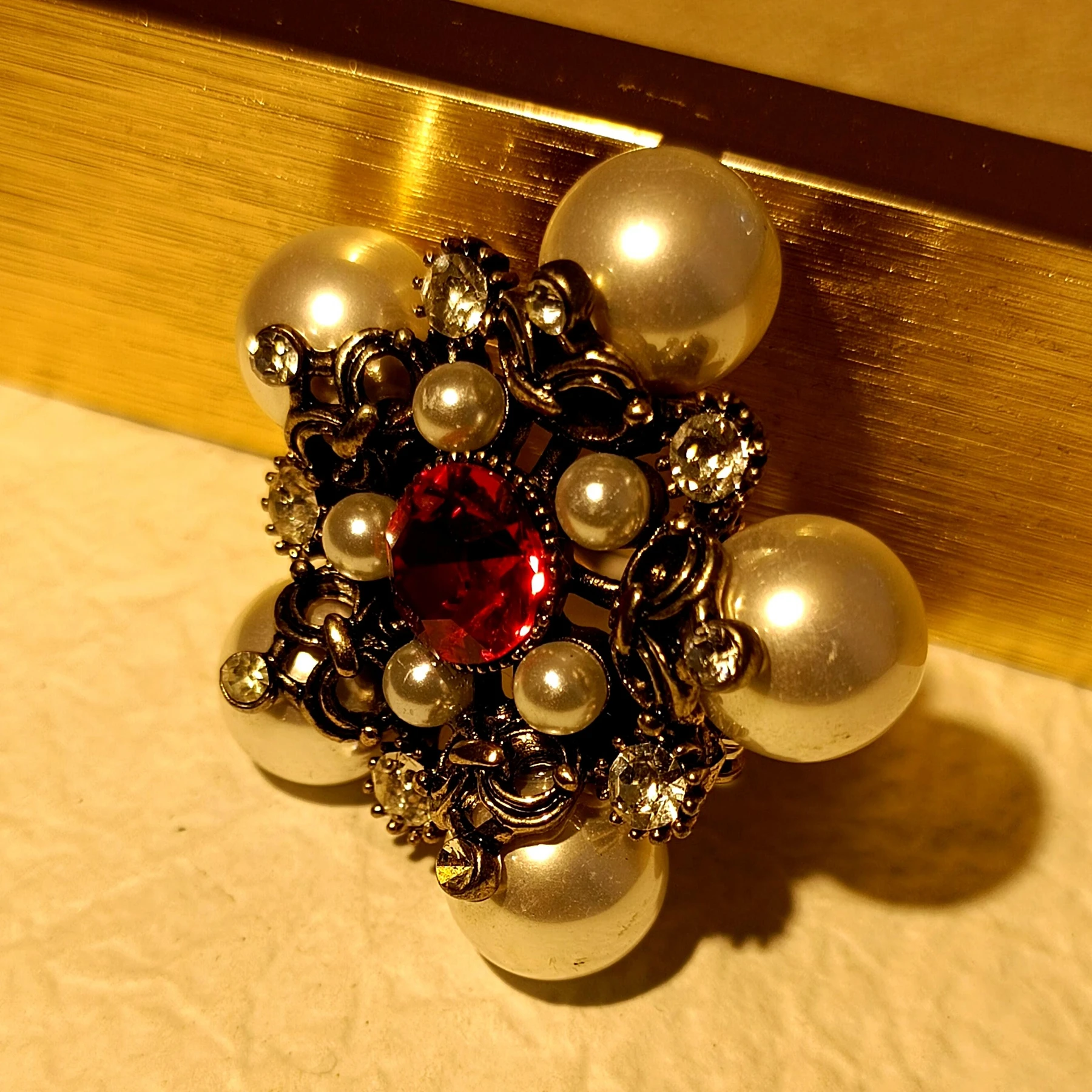 Retro Vintage Pearl and Red Star Brooch Pin Antique Collection Jewelry