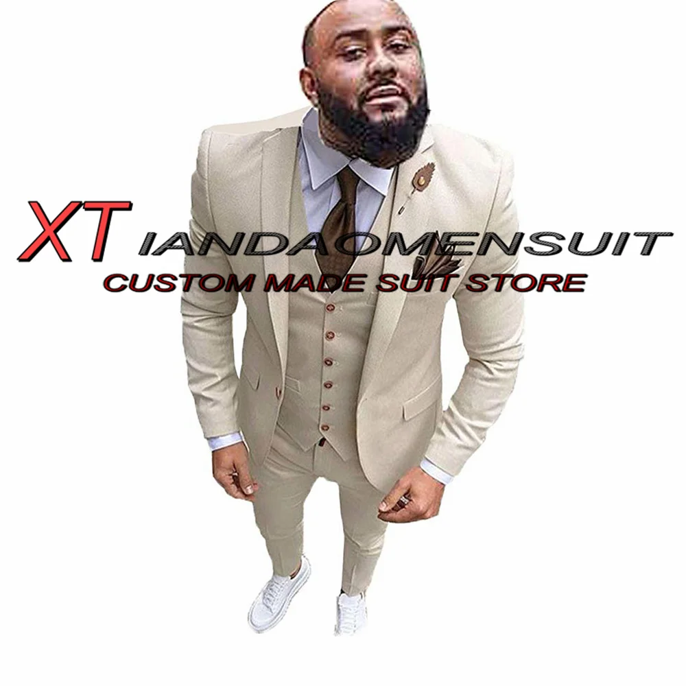

Men's Suit Casual Three Piece Beige Wedding Groom Tuxedo Formal Jacket Pants Vest Male Blazer conjuntos de chaqueta