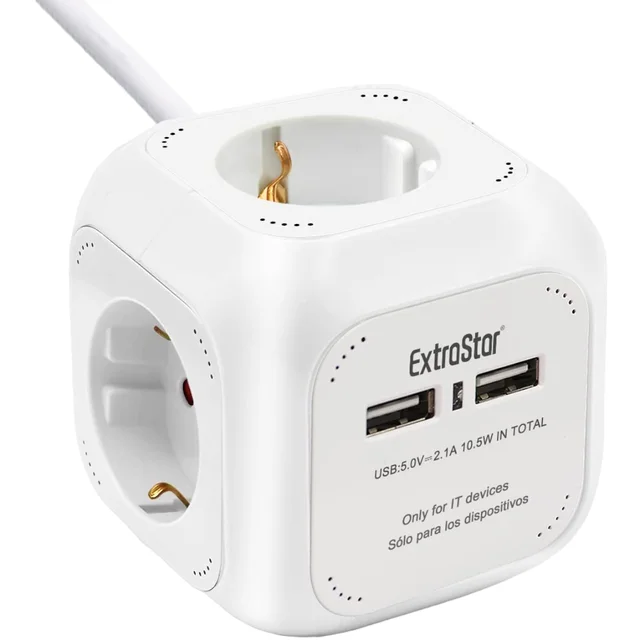 EXTRASTAR 6 en 1 Cubo Regleta Enchufe con USB de 4 Enchufes + 2 Puertos USB