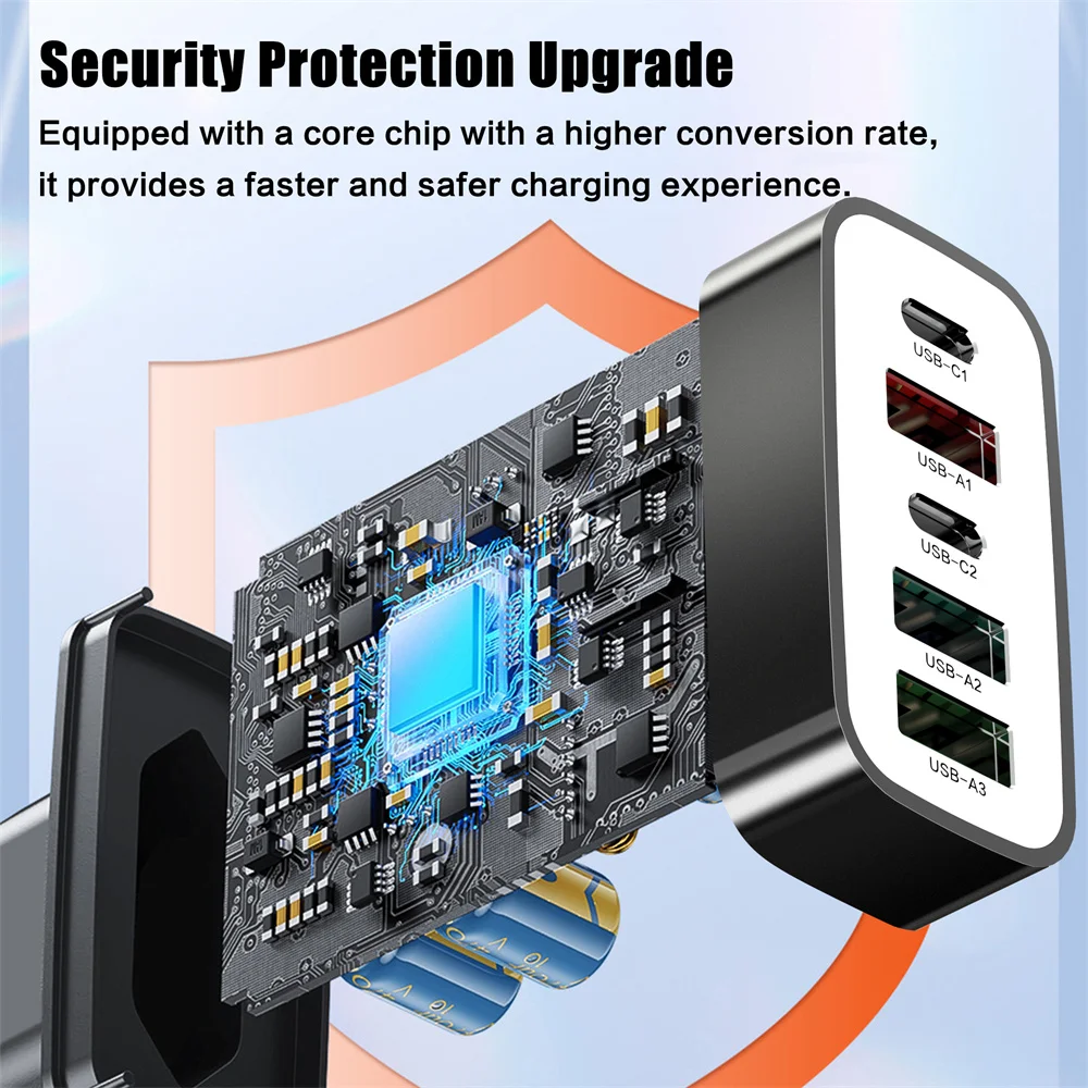 65W 5 Ports Fast Charging Charger USB C PD Quick Charger High Speed Charger Phone Type C Wall Adapter for iPhone Samsung Xiaomi