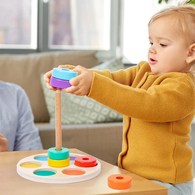 Early education rainbow ring color cognition enlightenment hand-eye coordination training wooden classification column toys