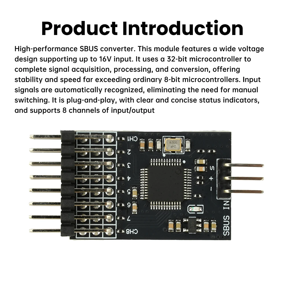Vue de face du convertisseur SBUS vers PWM 8 canaux – Module RC plug-and-play montrant les ports d'entrée et de sortie.