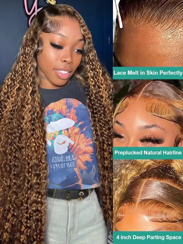 250% Highlight Deep Wave 13x6 Hd Lace Frontal Wig Human Hair Pre Plucked 30 40 Inch Brown Ombre Curly Water Wave human hair wigs 3