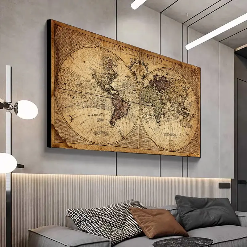 Vintage Earth Map Of The World Retro Old Picture Canvas Painting For ...