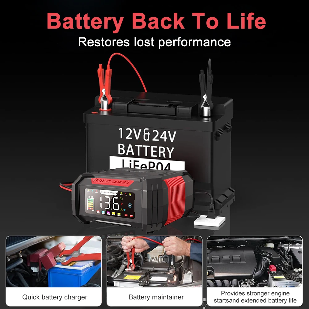 EAFC 15A/8A Autobatterieladegerät 12V/24V All-in-One Intelligentes Batterieladegerät Reparaturwerkstatt für Blei-Säure-LiFePO4-Batterien – Detail 3