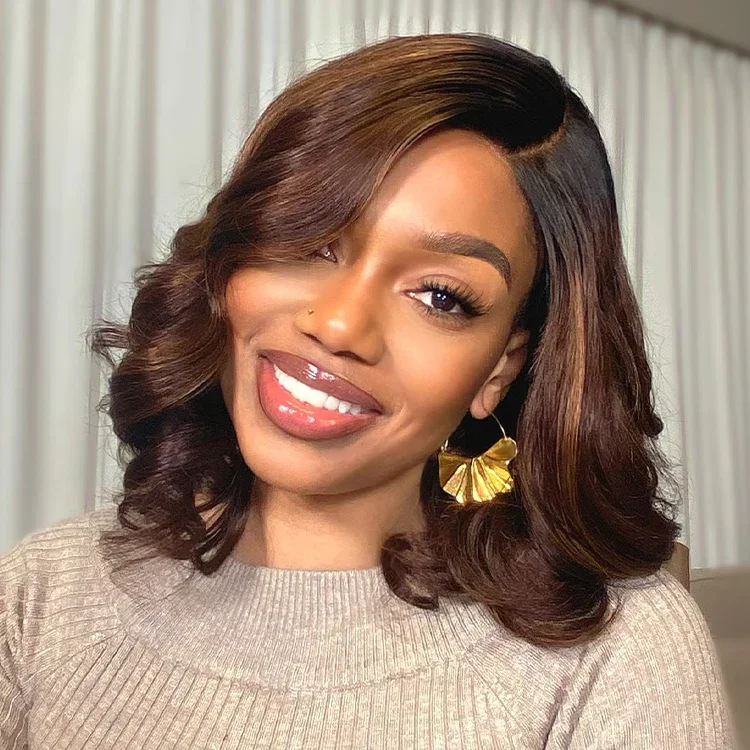 Tewjig 4/27 Highlight Ombre 13x6 HD Transparent Body Wave Short bob Human Hair Wigs 13x4 Lace Front Wig For Women Pre Plucked