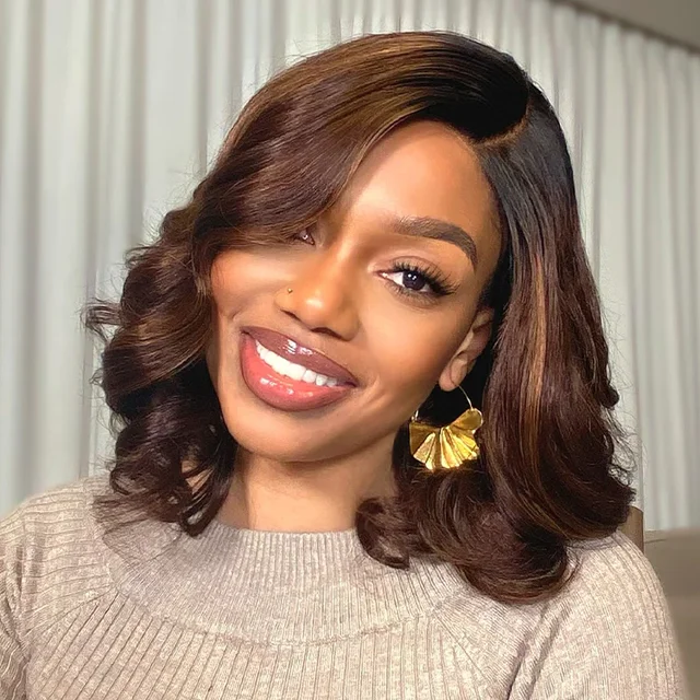 Tewjig 4/27 Highlight Ombre 13x6 HD Transparent Body Wave Short bob Human Hair Wigs 13x4 Lace Front Wig For Women Pre Plucked