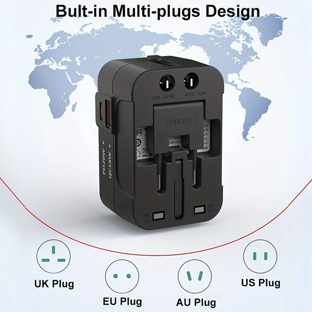 Universal Travel Adapter International All in One PD20W & QC18W Power Plug Wall Charger USB C Charging Ports for USA EU UK AU