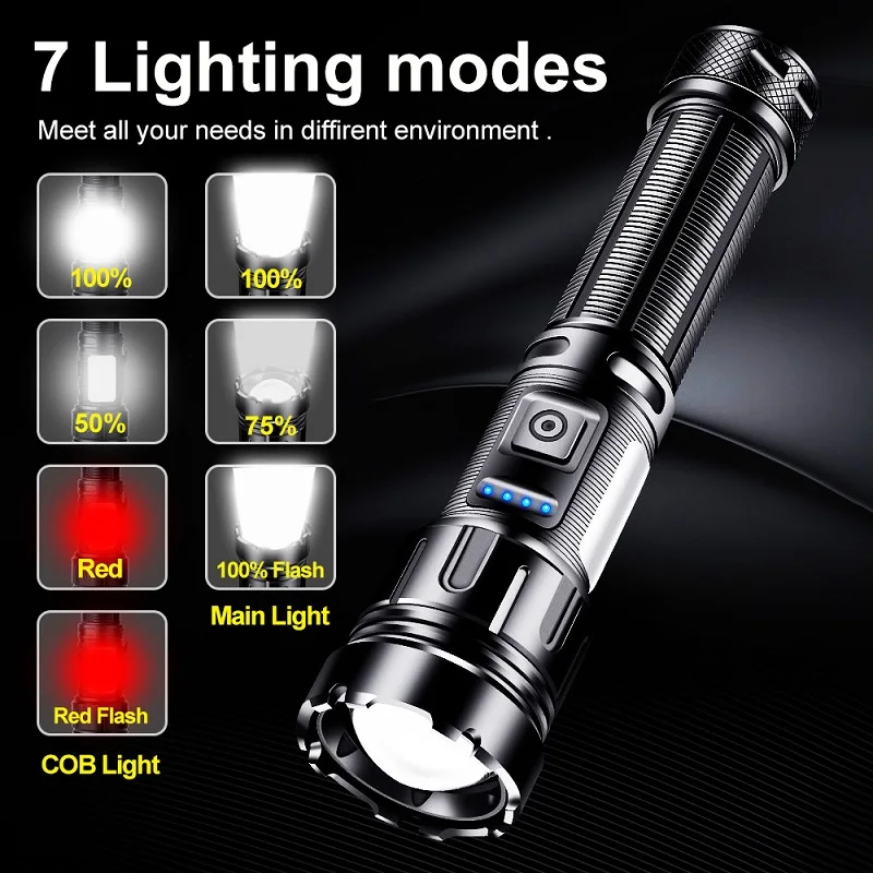 LED Flashlight Most Powerful Long Shot Tactical Torch Outdoor Lighting USB Rechargeable Waterproof Camping COB Zoomable