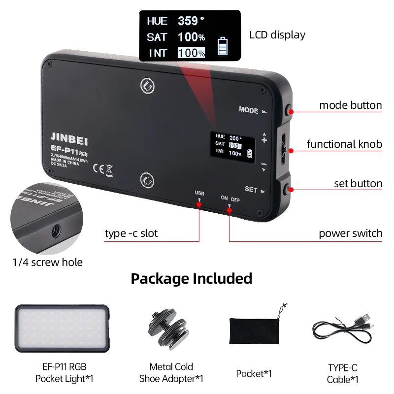 JINBEI EF-P11RGB LED 조명, 연속 조명 패널 램프, 풀 컬러 LCD 디스플레이 비디오 조명, 10W 2700-10000k CRI96 +