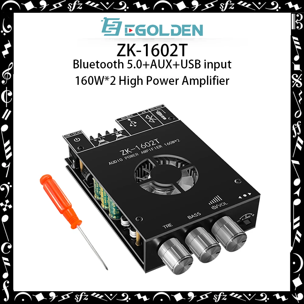 

EGOLDEN ZK-1602T Bluetooth цифровой модуль усилителя мощности TDA7498E, регулировка высоких басов, Bluetooth, аудио, нейтральный. Нет бревен