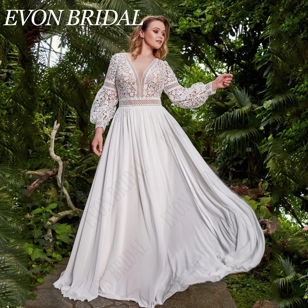 

EVON BRIDAL Classic Wedding Dresses Puff Sleeves Backless Bride Gowns Plus Size Chiffon A-Line Lace vestidos de novia 2024