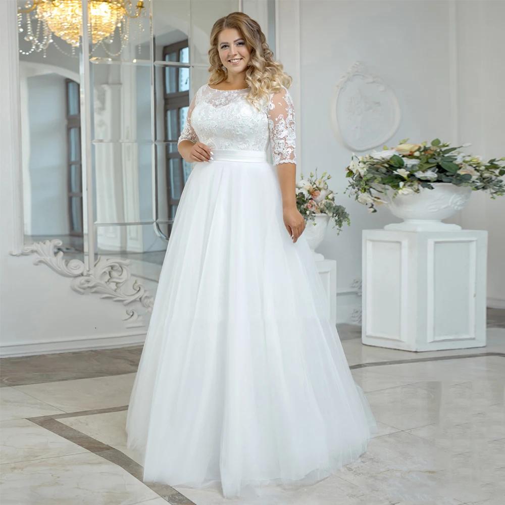 

Challoner Eleagnt A-Line Wedding Dress Plus Size O-Neck Half Sleeves Button Back Lace Appliques Tulle Bridal Gown Floor Length