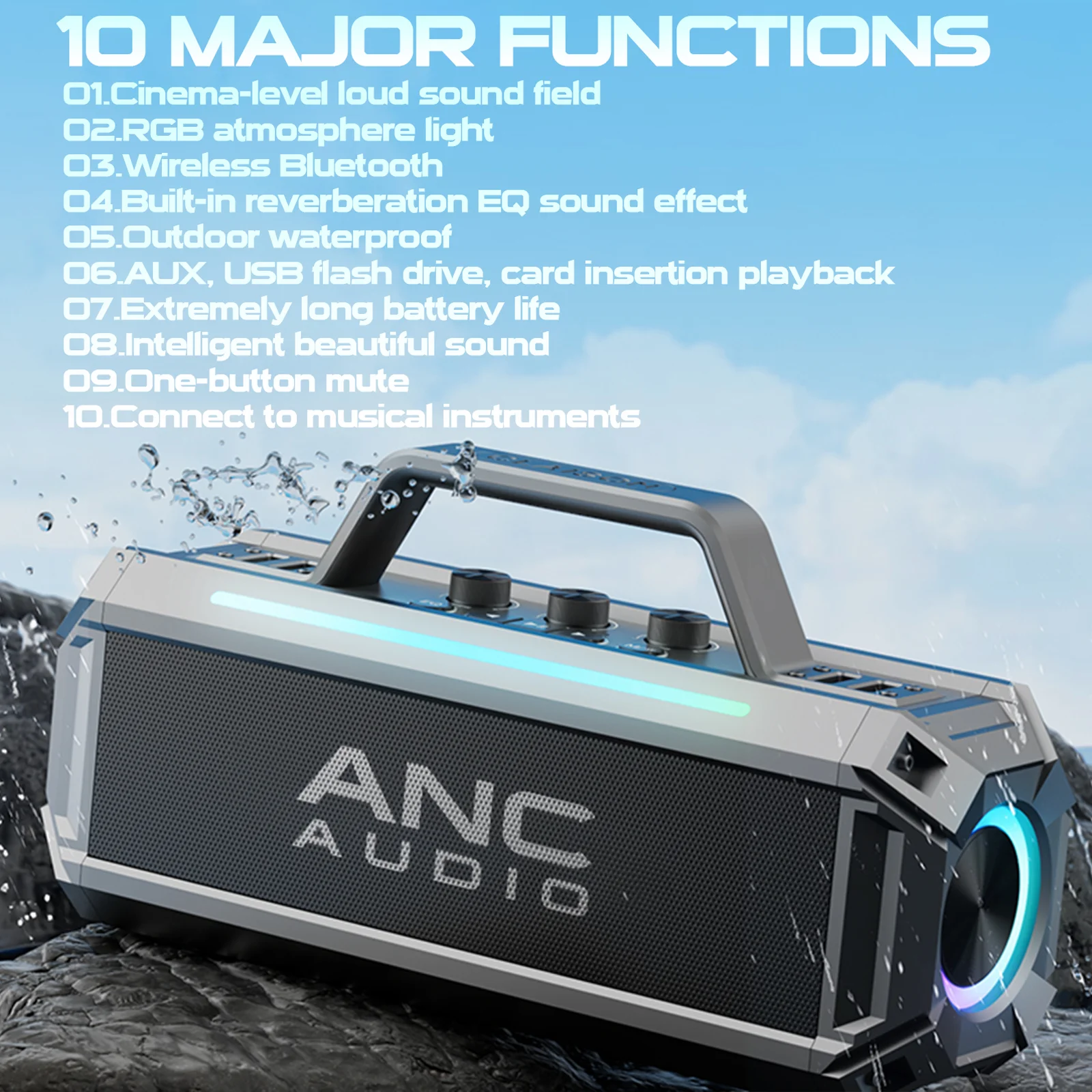ANC 100W 7-speaker subwoofer portable speaker with dual wireless microphones 12 hours, RGB, waterproof, FX, EQ, U disk, TF, AUX 6