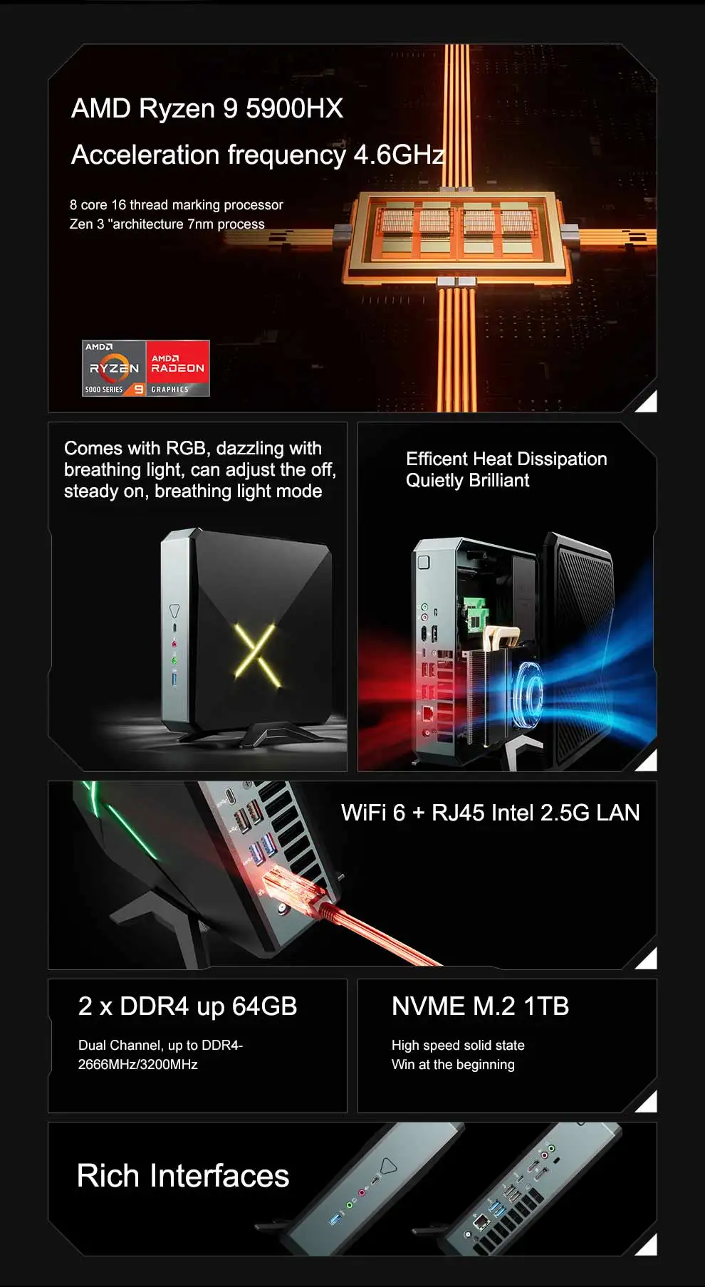 AMD Ryzen 9 Gaming Mini PC with 5900HX, DDR4, M.2 NVMe, SATA, Radeon Graphics, Windows 11 - Micro Gamer Desktop Computer for 4K HD, DP, and WiFi 6. Description Image.This Product Can Be Found With The Tag Names Barebone Mini PC, Computer Office, Mini tree amd micro pc gaming computer