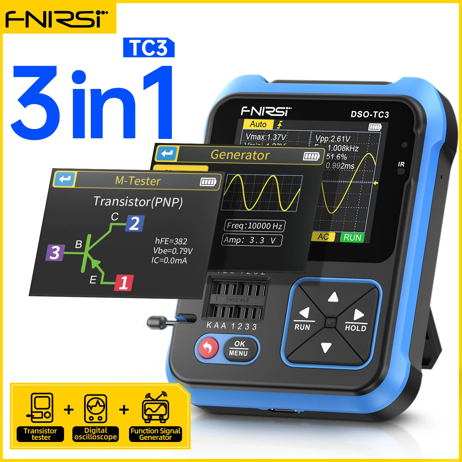 FNIRSI DSOTC3 Portable Digital Oscilloscope Transistor Tester 3 in 1