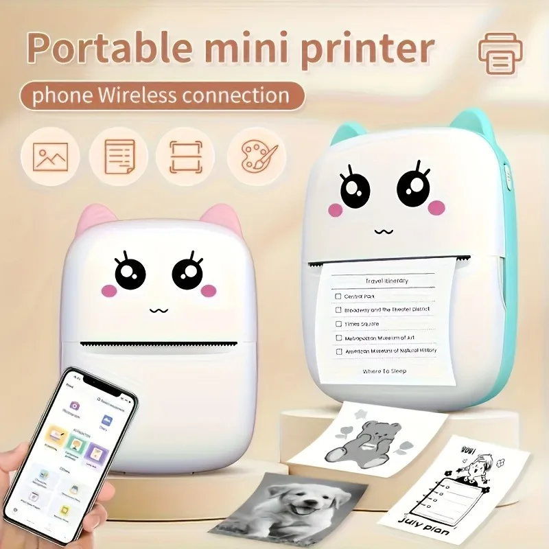 휴대용 무선 미니 프린터 키트 - 감열 라벨 메이커, 귀여운 디자인, 무선 모바일 프린팅, 잉크 없는 친환경 노트용