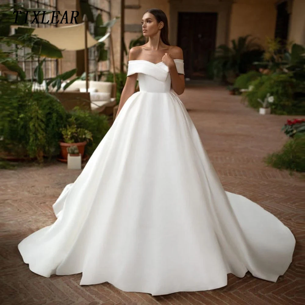 

TIXLEAR Simple Wedding Dress Luxury Sweetheart Off The Shoulder Backless Satin Bridal Ball Gown Floor Length Vestido De Novia