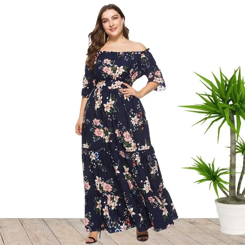 Plus Size off shoulder Floral Print Maxi Long Summer Dresses For Women Wholesale China