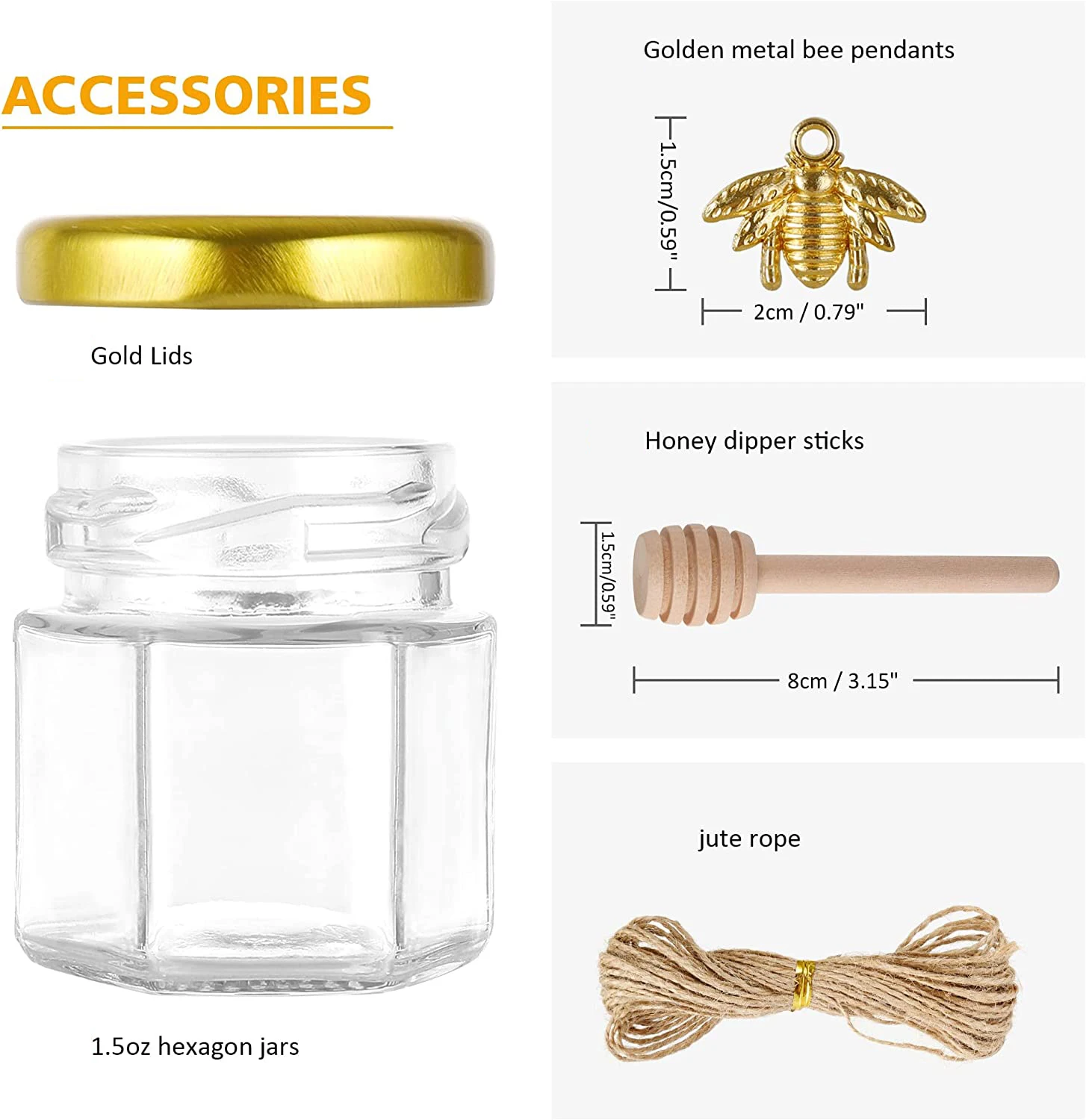 Mini Honey jars-Hexagon honey jars with wooden spoon, bee pendant,Glass Honey jars with lids, Baby Shower, Wedding Favors 3