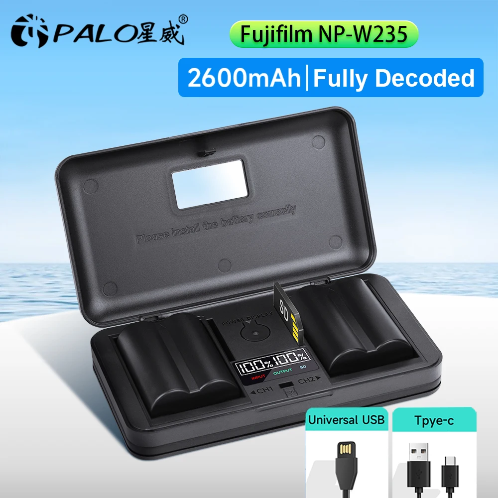 

PALO 2600mAh NP-W235 NP W235 Battery + LCD USB Dual Charger for Fujifilm Fuji X-T5, X-T4, GFX 50S II, GFX 100S, Digital camera