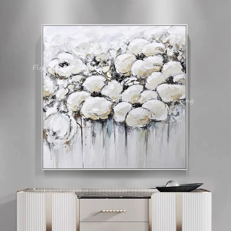 

100% Handmade white flower picture with grey canvas Oil Painting On Canvas home decoration