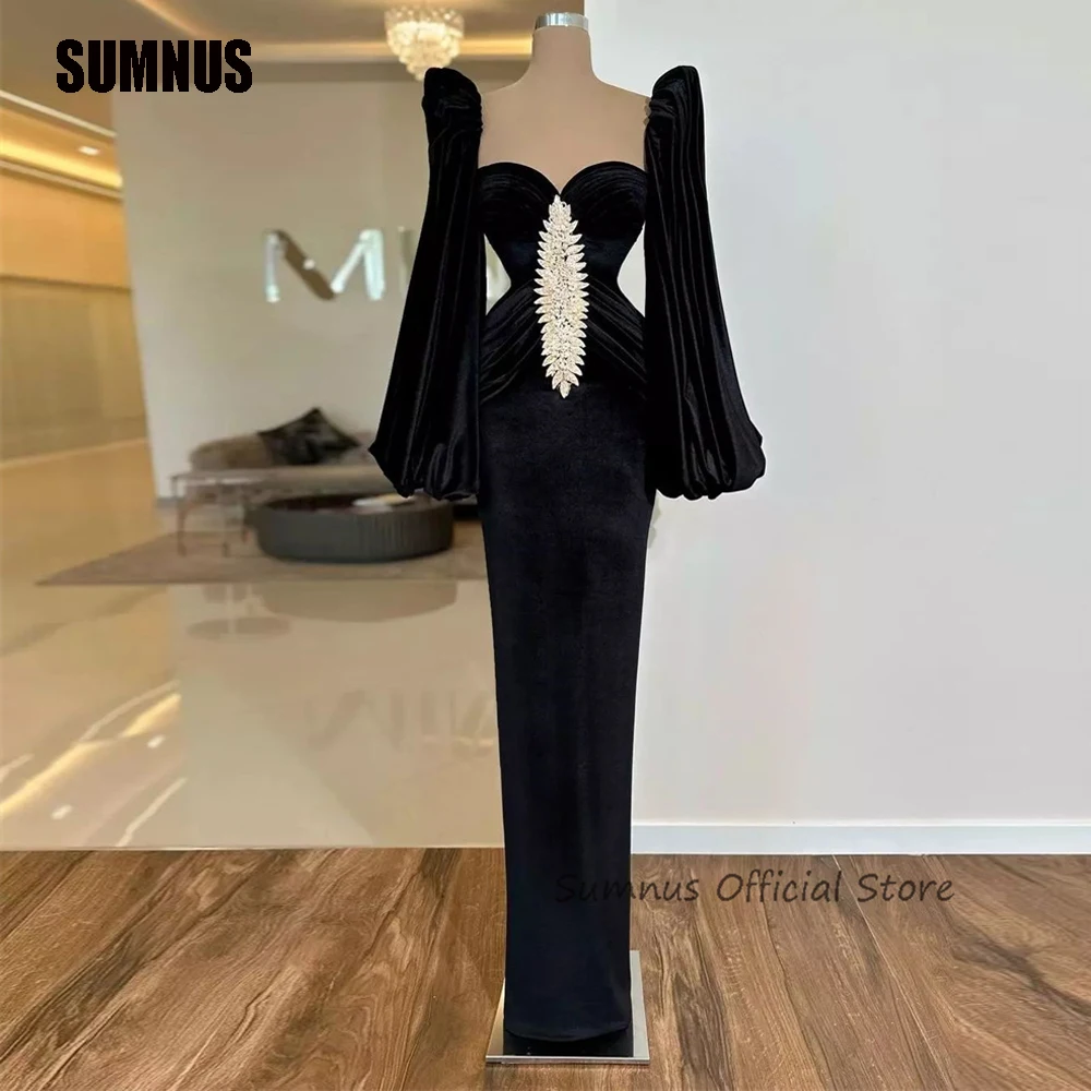 

SUMNUS Arabic Black Velvet Mermaid Evening Dresses Appliques Sweetheart Pleats Prom Dress Long Sleeve Dubai Celebrity Party Gown