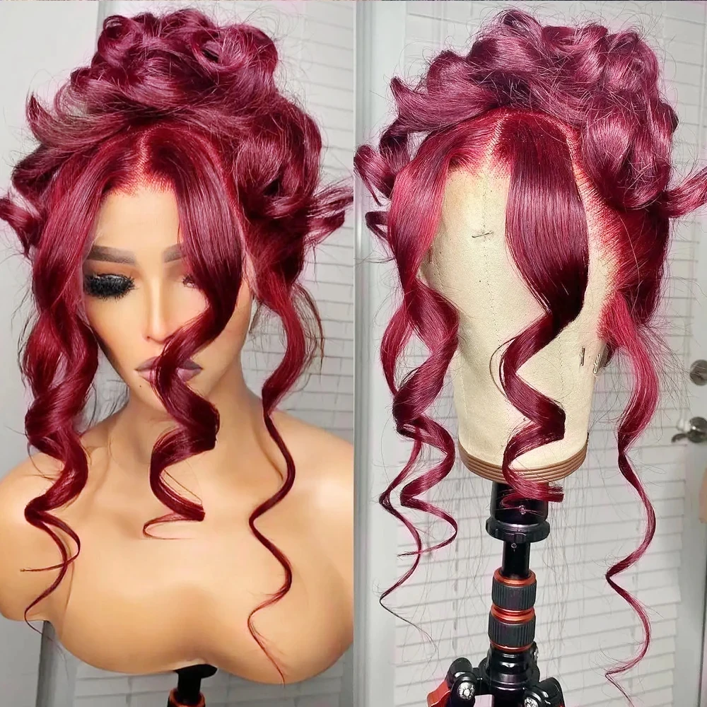 99J Invisible-Strap 360 Full Lace Wig Human Hair Pre Plucked Body Wave 36 Inches 250 Density Burgundy HD 360 Lace Frontal Wig