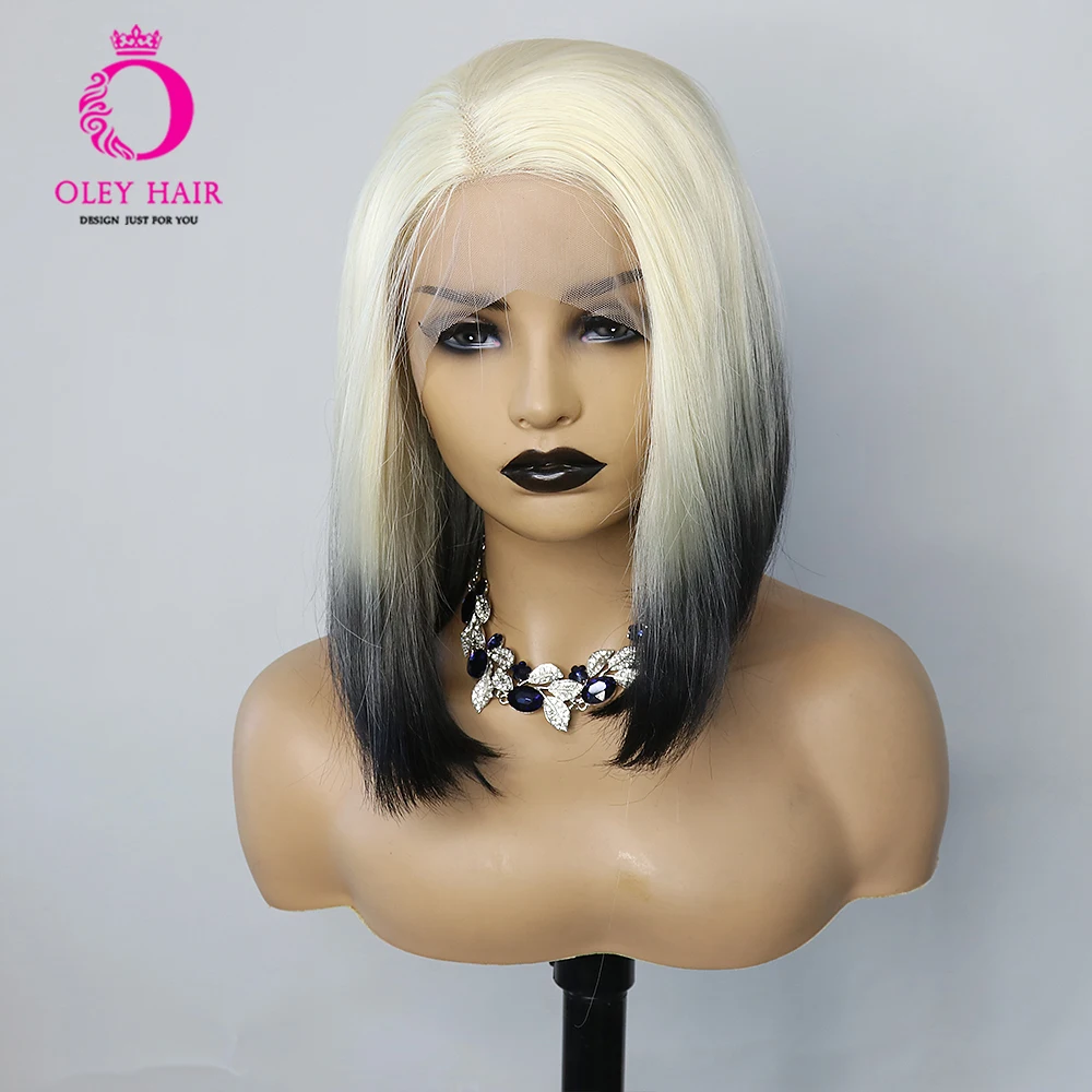 

Ombre Black Synthetic 13×4 Lace Front Pre Plucked High Temperature Transparent Preplucked Blunt Drag Queen Cosplay For Women