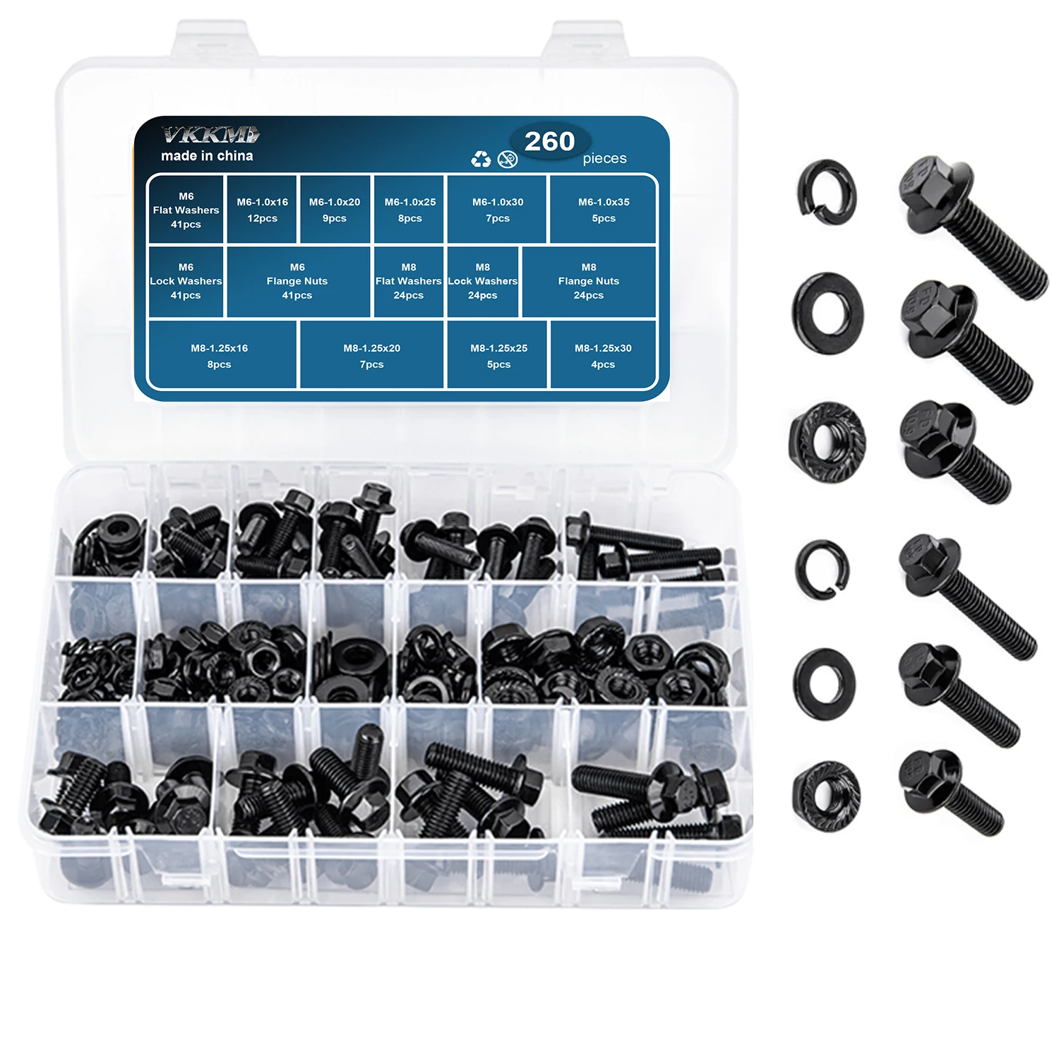 VKKM 260 pcs Hex Cap Flange Bolt Assortment Kit/Screws, Nuts & Washers/Black Oxide, M6-1.0 x 16/20/25/30/35mm, M8-1.25