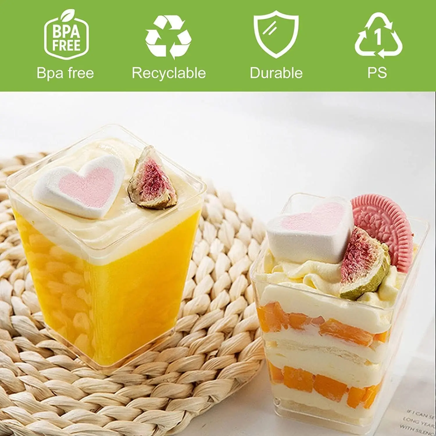 10PCS 5 OZ Plastic Dessert Cups, Mini Clear Square Plastic Dessert Cake Shooter Cups for Parties, Yogurt Parfaits, Appetizers, F