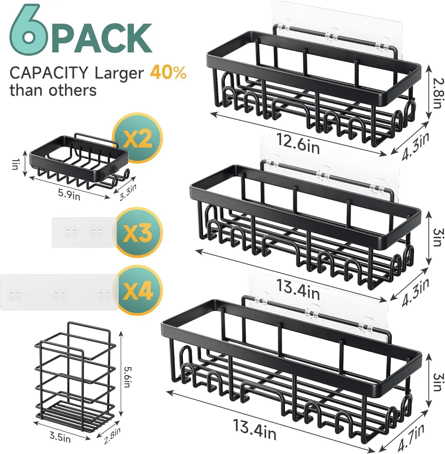 6 - Pack Stainless Steel Adhesive Shower Caddy. Rustproof, with Soap Holder & Large Capacity. Wall - Mounted for Bathroom 6